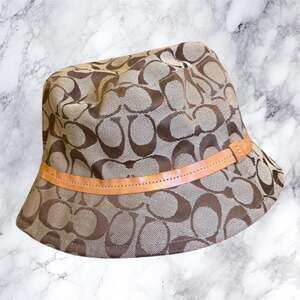 Coach Signature Bucket Hat Brown Khaki Monogram‎ Leather Trim Y2K 2002